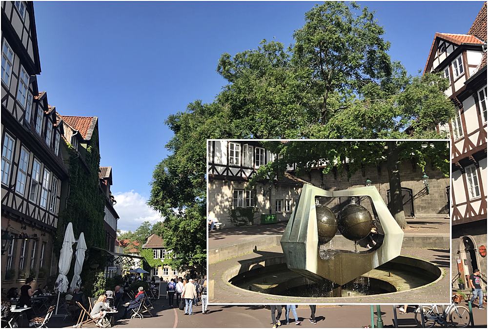 Ballhof, Hannovers älteste Turnhalle, Fachwerkhäuser, Brunnen, gemütlich sitzen, Der rote Faden in Hannover