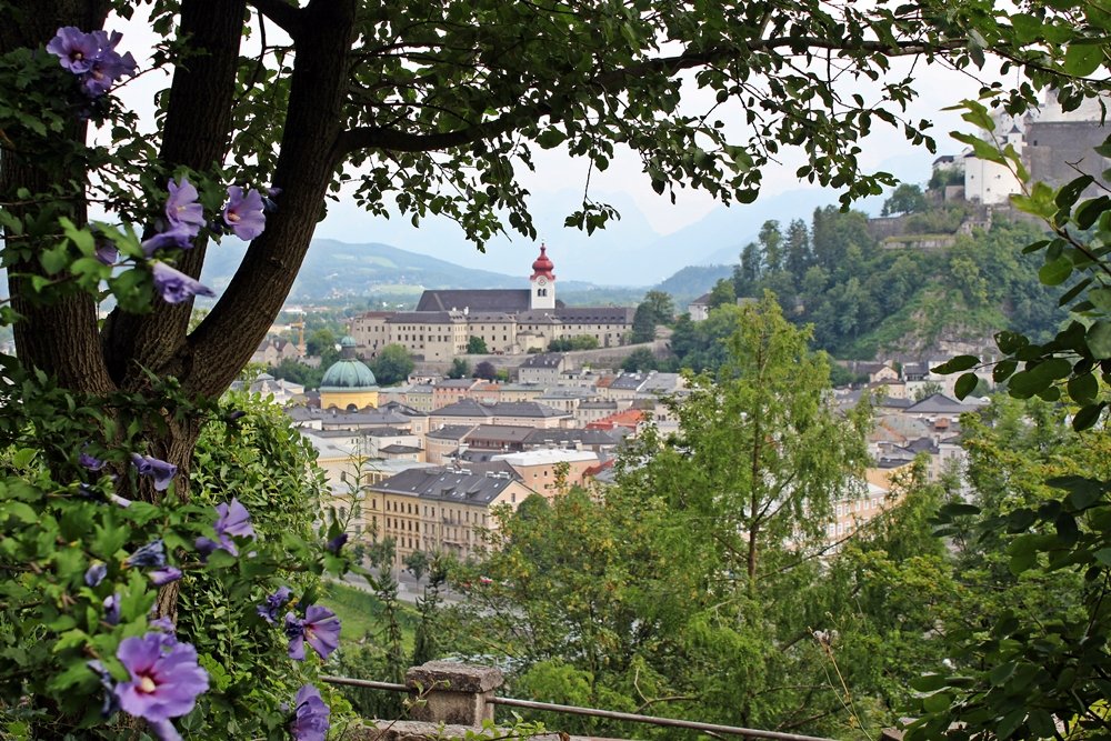 Ausblick durch Bäume vom Kapuzinerkloster auf Altstadt Salzburg