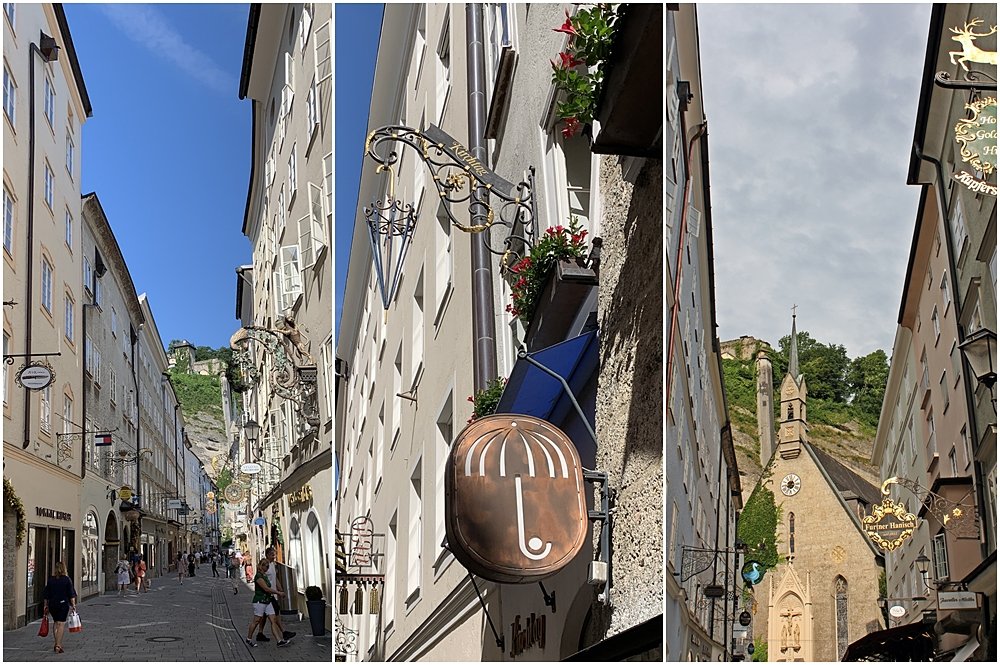 Verschiedene Blickwinkel Getreidegasse Salzburg, Zunftzeichen, Hauseingänge und Durchhäuser. Wochende in Salzburg