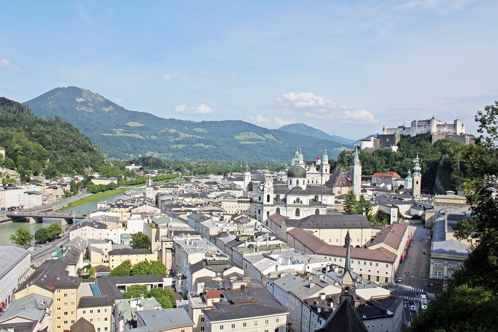 Blick auf Altstadt Salzburg und die Feste Hohensalzburg. Die Salzach trennt die linke und rechte Salzburgseite. Tipp für ein Wochenende in Salzburg